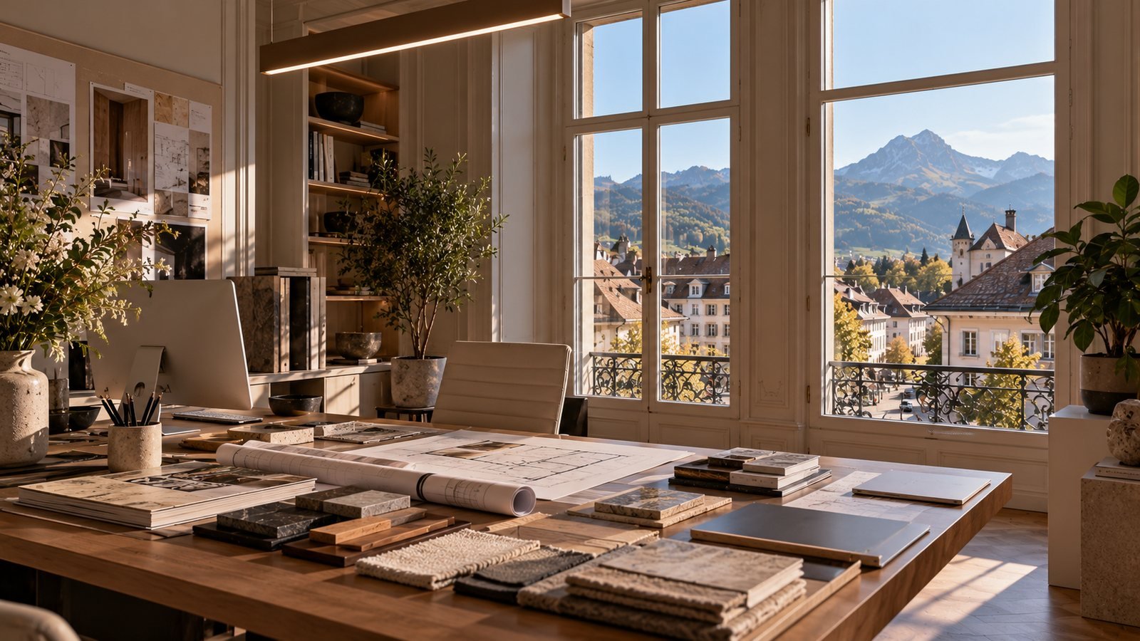 Design studio with material library, sketches and mountain view