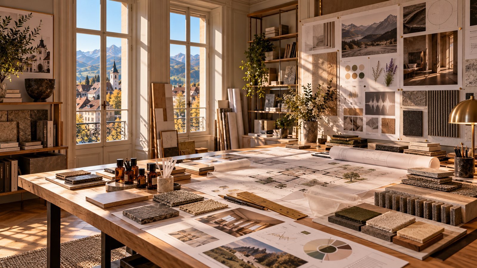 Design studio table with samples, sketches and mountain view