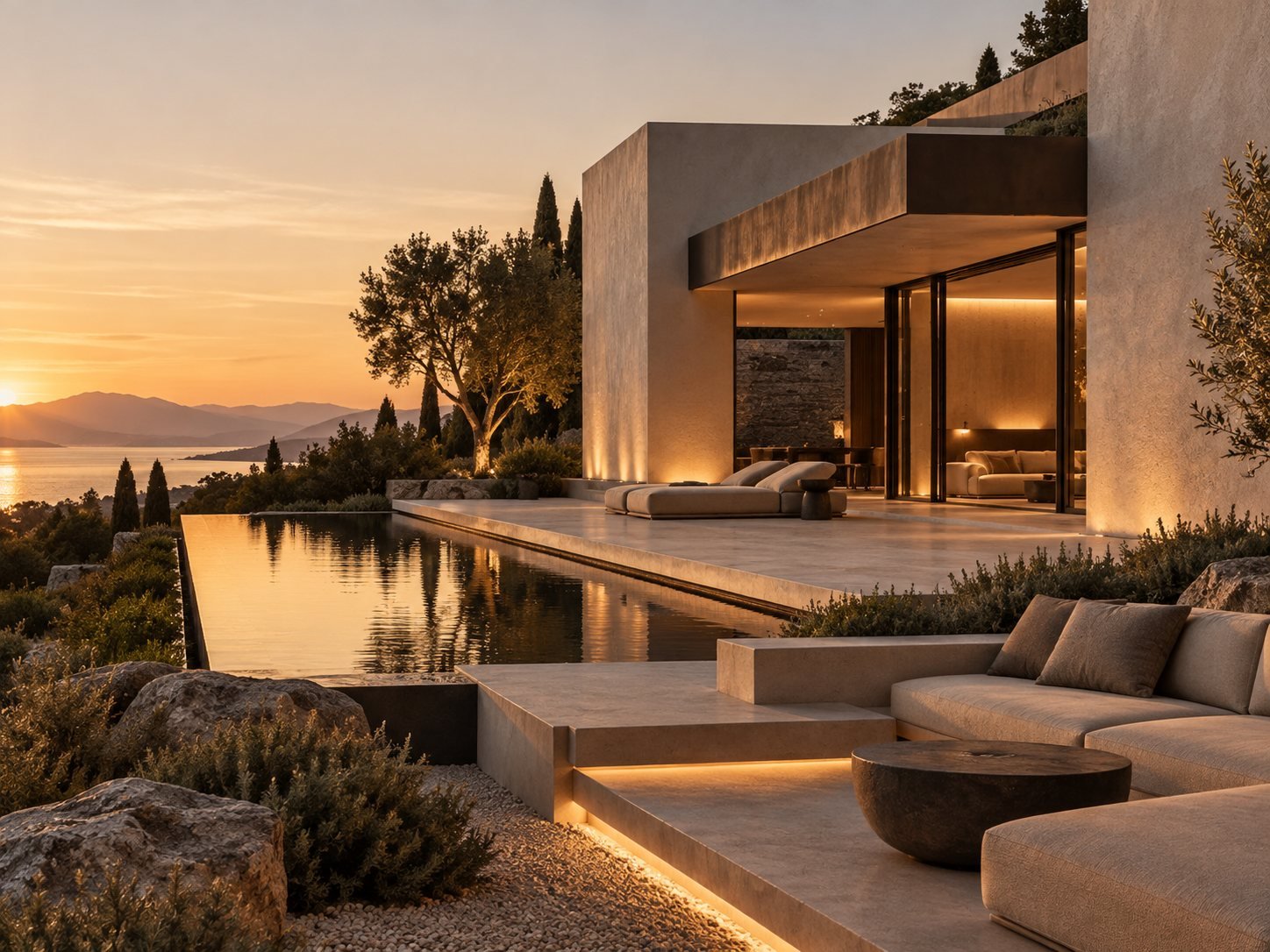 Premium residence terrace and lounge with garden at sunset