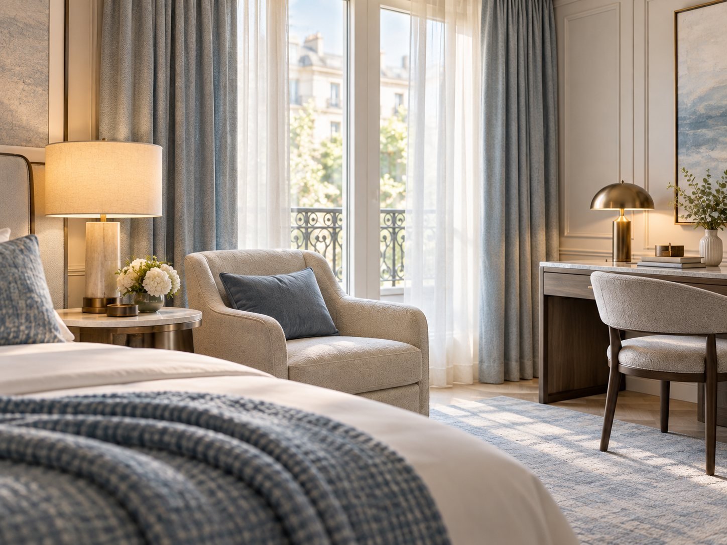 Hotel bedroom with armchair, desk and soft daylight