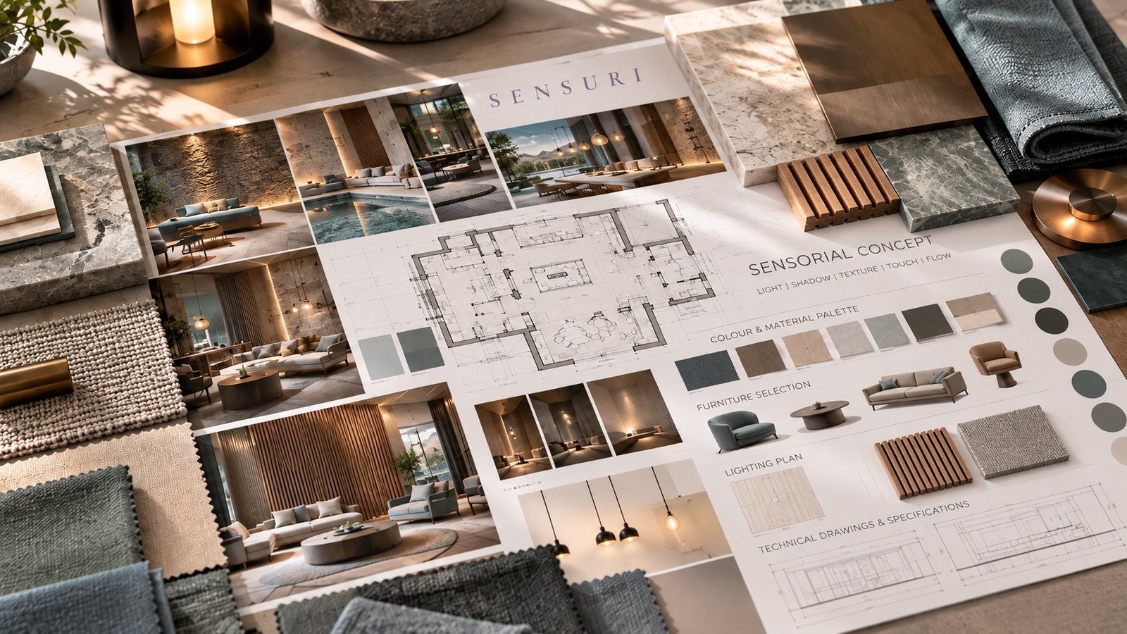 Interior design plans with material samples and mood boards