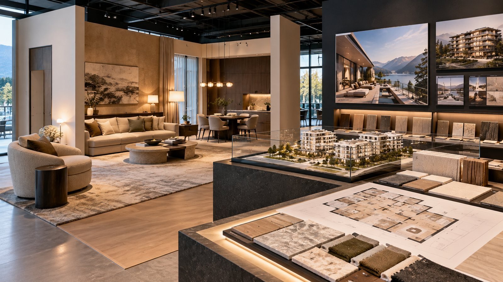 Real estate sales gallery with architectural model and lounge