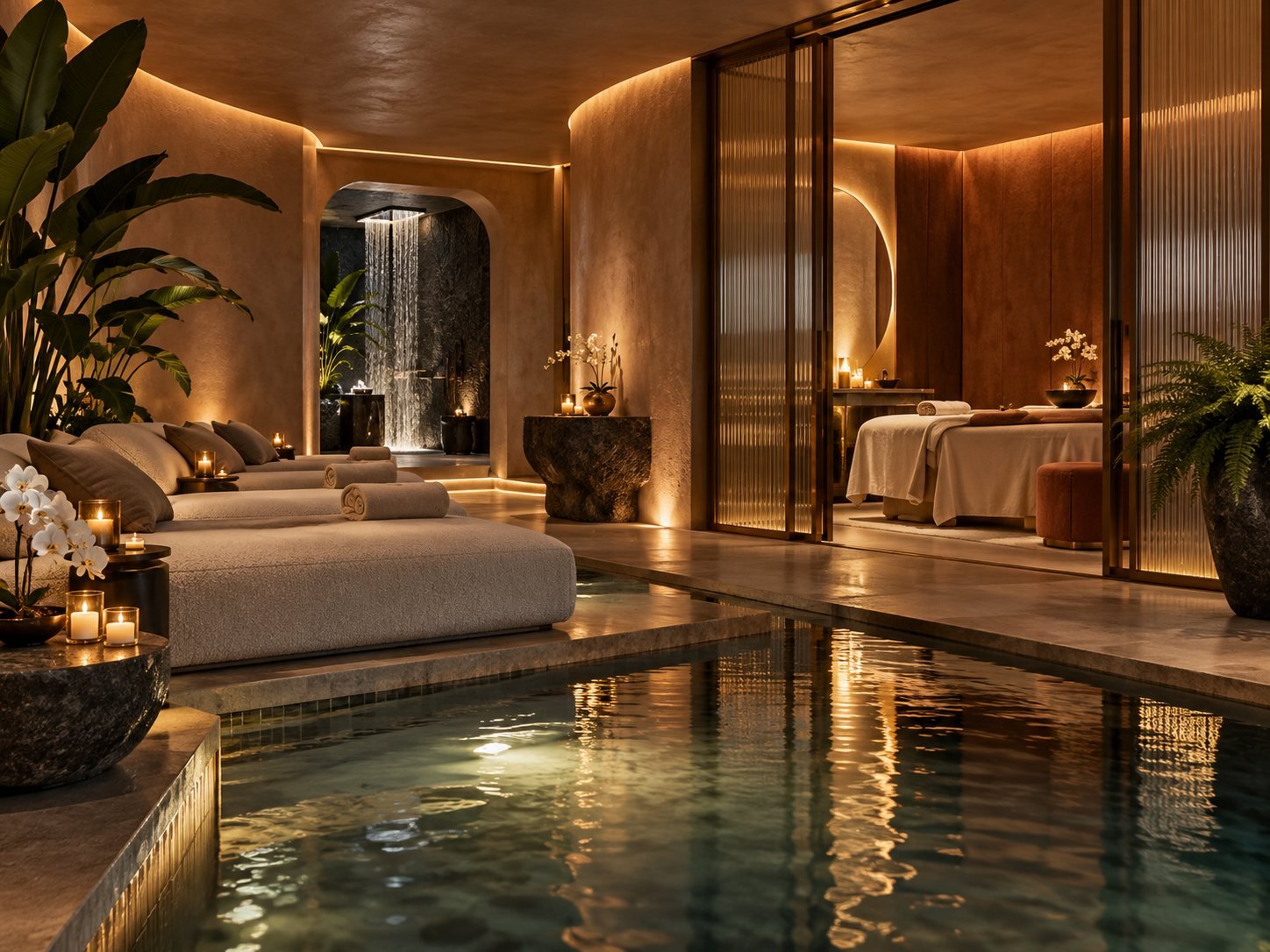 Spa pool with warm lighting, stone and wood