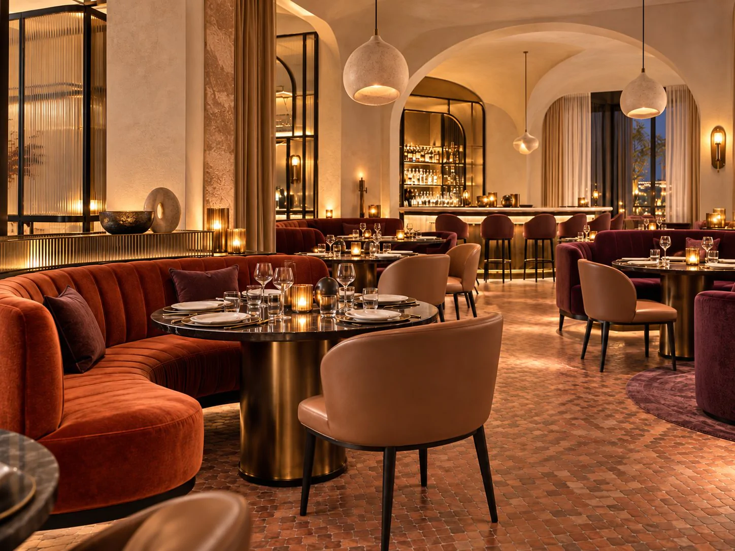 Boutique hotel restaurant with velvet banquettes and warm light