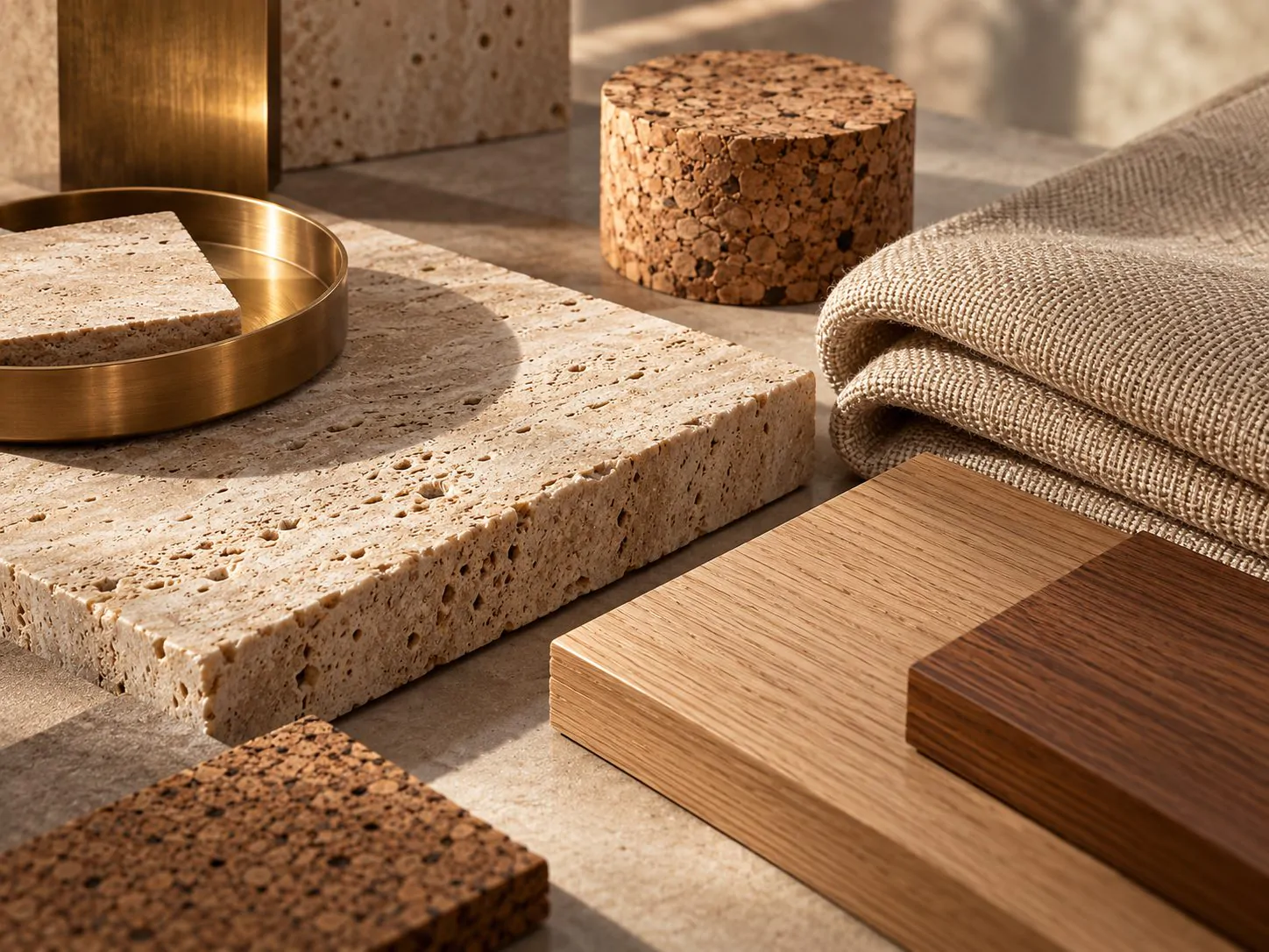 Samples of travertine, cork, oak, walnut, linen and brushed brass in warm raking light