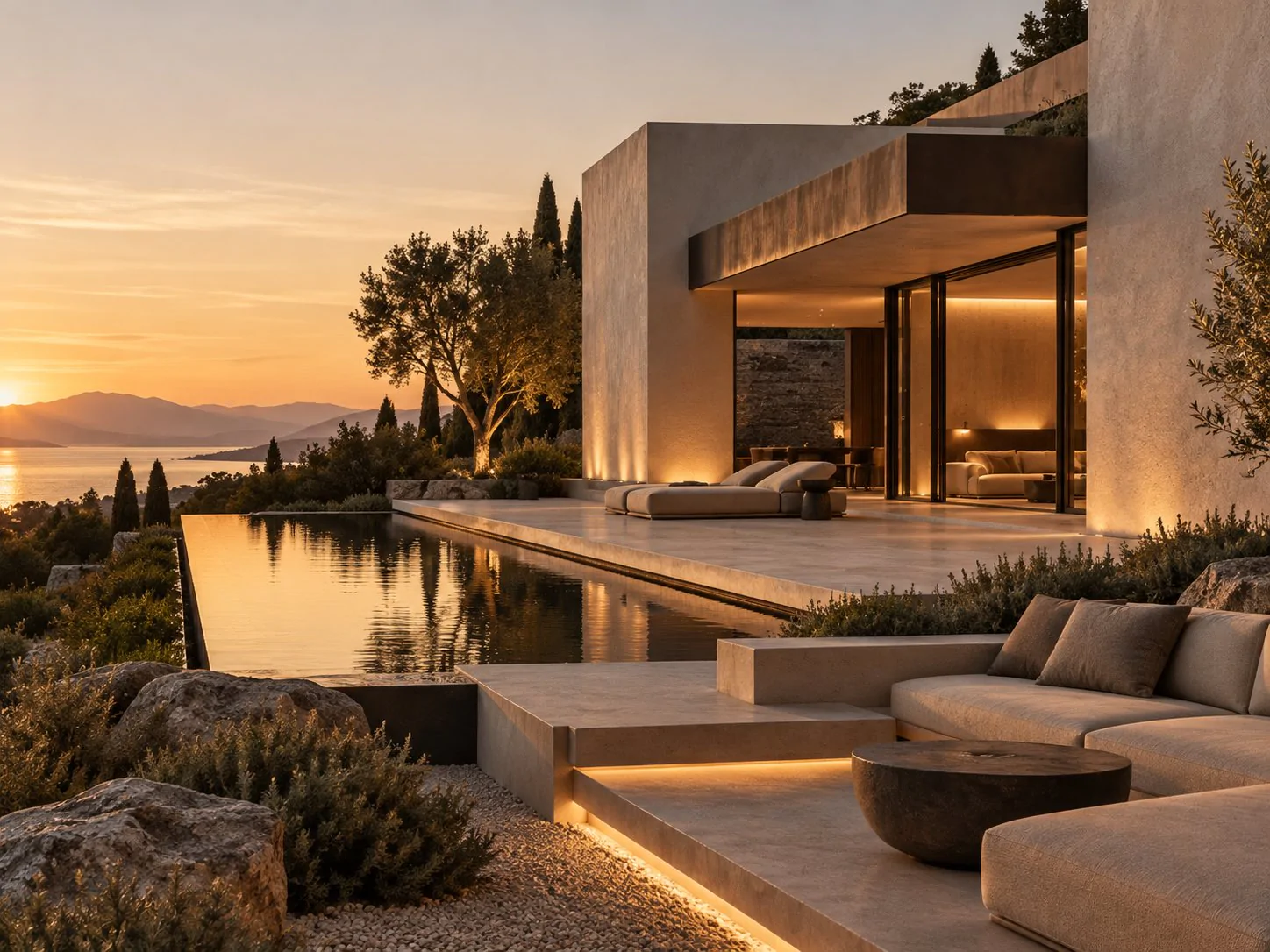 Premium residence terrace and lounge with garden at sunset
