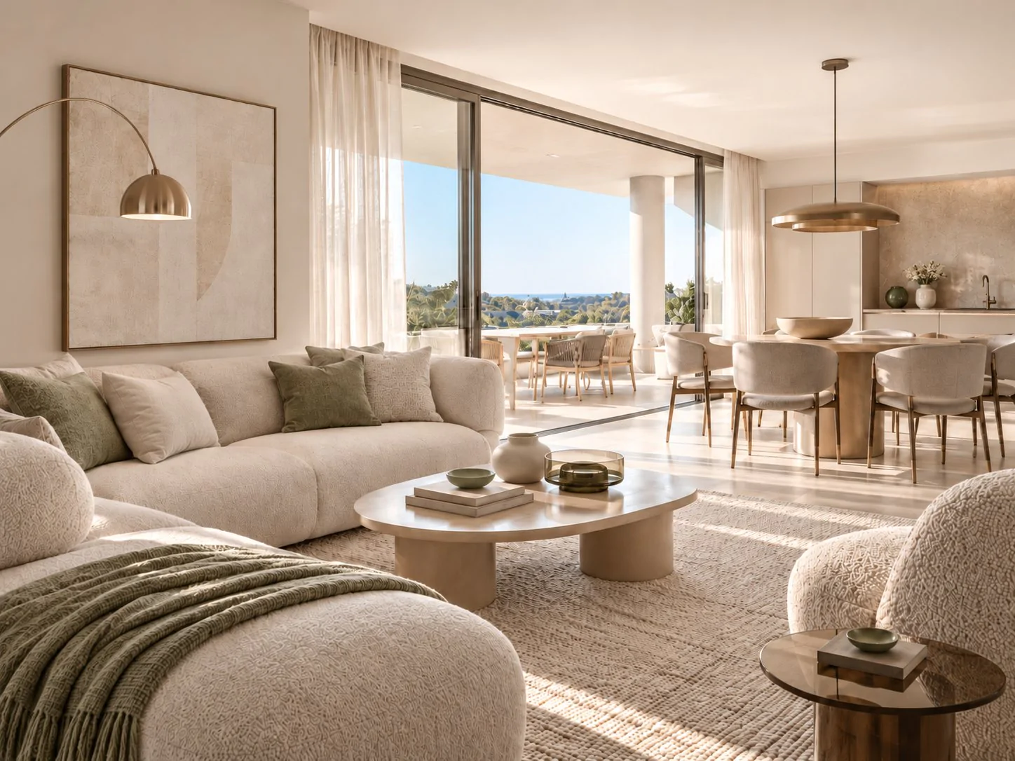 Bright show apartment living room with lake view