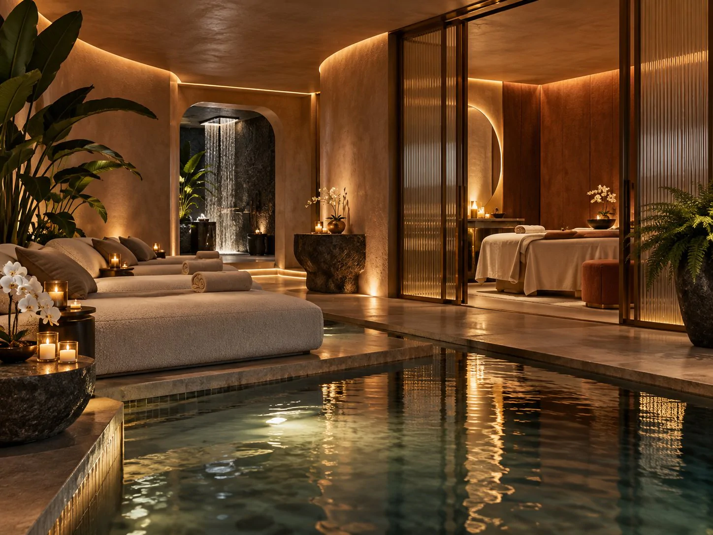 Spa pool with warm lighting, stone and wood